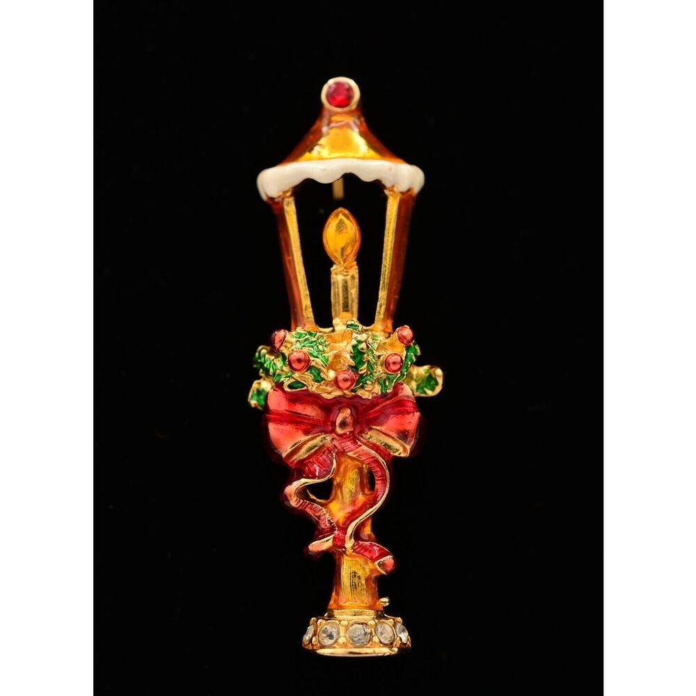 Christopher Radko Christmas Lantern Pin Brooch Red Gold Holiday Signed BinBA